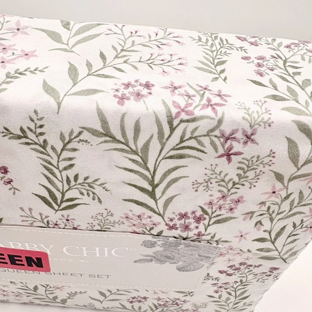 Shabby Chic Queen Sheet Set Floral Botanical Pink Sage Green Microfiber 4 Piece